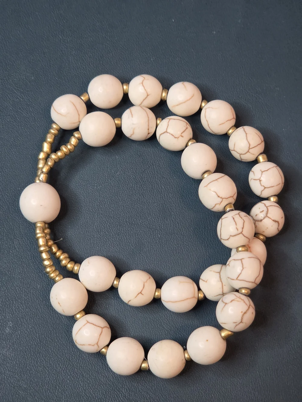 Beige Marble Stretch Bead Bracelet with Gold Accents